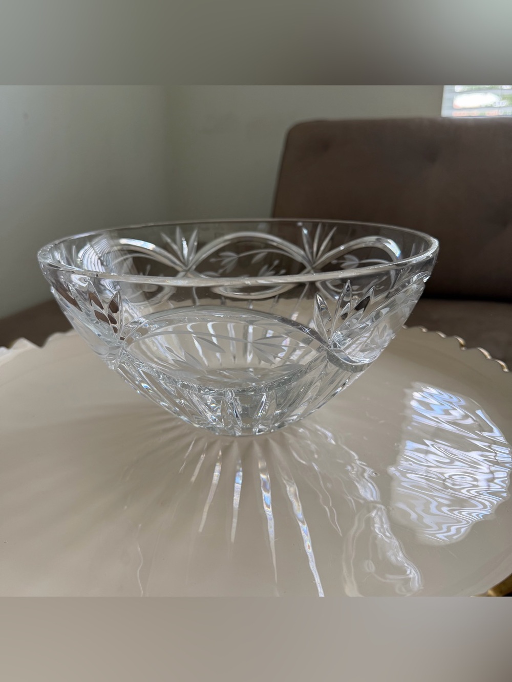 Vintage Heavy Cut Crystal 9" Serving Bowl Frosted Leaf